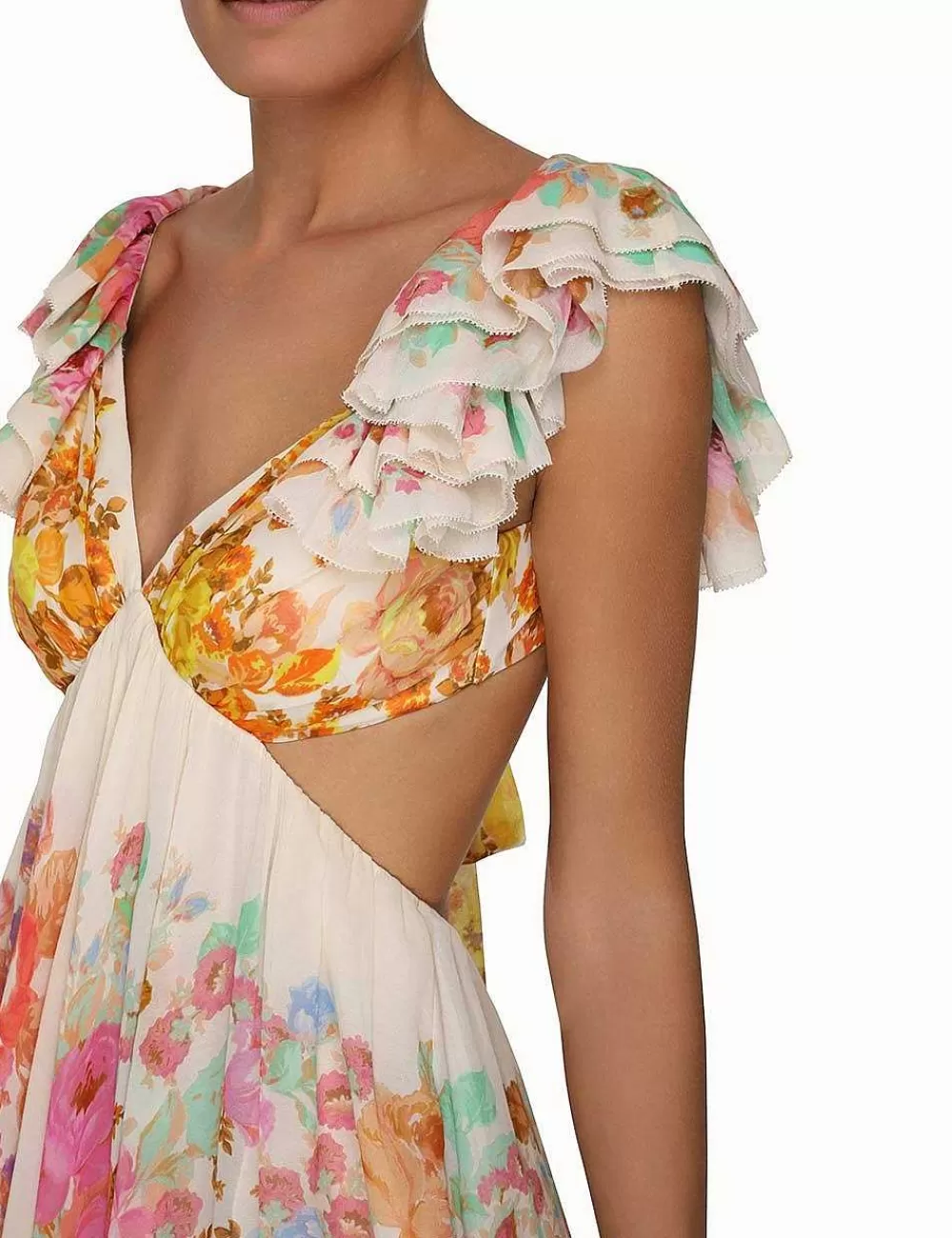 Online ZIMMERMANN Raie Frill Shoulder Midi Dress